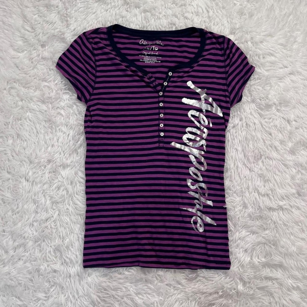 y2k vintage aeropostale purple & navy striped button up henley  graphic top xl